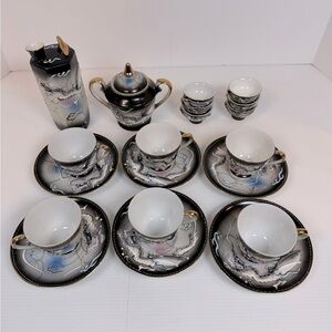 Moriage Japan Dragonware Saki Tea Set Vintage 1940’s Whistling Bird Hand Painted